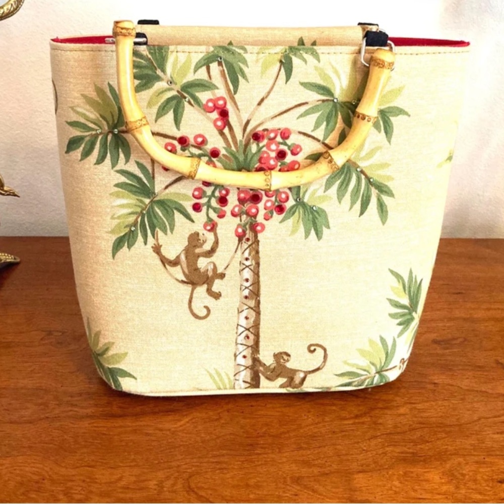 Vintage Boho Monkey Business Bamboo Bucket Handbag